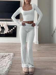 GAOVOT 女士两件套春夏 Y2K 修身性感纯色方领长袖上衣和微喇叭裤套装