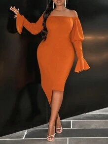 Slaydiva Plus Size Women's Elegant Sexy Off-Shoulder Ruffled Sleeve Solid Color Bodycon Dress - Rust Brown - View 1