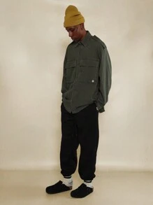 SUMWON Boxy Longline Utility Denim Shirt With Shoulder Tab Detail - Army Green - View 5