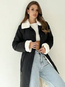 SHEIN Privé Women Mid-Length Waist Drawstring Ruched Pocket Casual  Jacket - Black - View 7