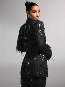 SHEIN BAE 女士翻领长袖亮片拼布派对西装外套，春秋黑色返校节万圣节女士服装性感吸血鬼服装猫女服装秋季女士黑色长袖圣诞服装万圣节女士服装秋季服装派对女士感恩节亮片冬季女士服装 - 黑色 - 查看 4