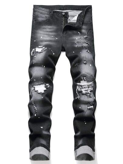 Manfinity LEGND Herr Splash Ink Print Rivna Frayed Skinny Jeans, Slim Fit Mörka Jeans Långa Svarta Cargo Jeans, För Make, Pojkvän Presenter Utekväll Hänga Pendling Semester Gata, Grunge