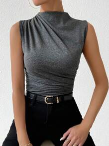 VaVaBold Women's Summer Solid Stand Collar Pleated Casual Camisole