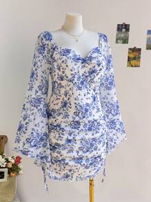 Dreamara Váy midi tay loe in hoa cỡ lớn cho nữ khi trở lại trường, đi nghỉ, mùa thu - Nhiều màu - Xem 3