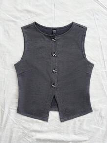 Soleia 女士灰色提花针织圆领无袖前开扣装饰开衩短款上衣，适合度假 - 灰色 - 查看 3