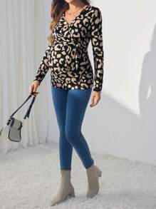 SHEIN Maternity Leopard Print Side Tie Waist Long Sleeve Slim Fit T-Shirt