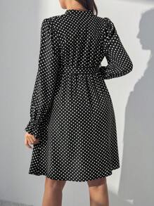 SHEIN Maternity Polka Dot Print Flare Sleeve Belted Dress - Black - View 2