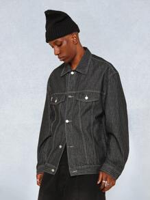 SUMWON Pinstripe Denim Trucker Jacket Designer Oversized Fit Streetwear Signature Script Back Print Fall Winter Collection High Fashion Urban Style - Black - View 2