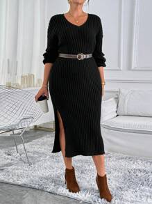 SHEIN Clasi Plus Size Lantern Sleeve Long Ribbed Sweater Dress - Black - View 5