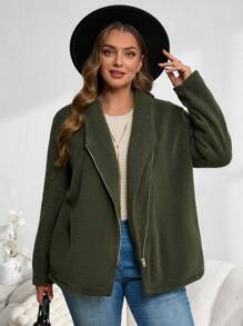 EMERY ROSE 大码秋季曲线感恩节女士毛绒纯色前拉链长袖休闲外套 - 橄欖綠 - 查看 6