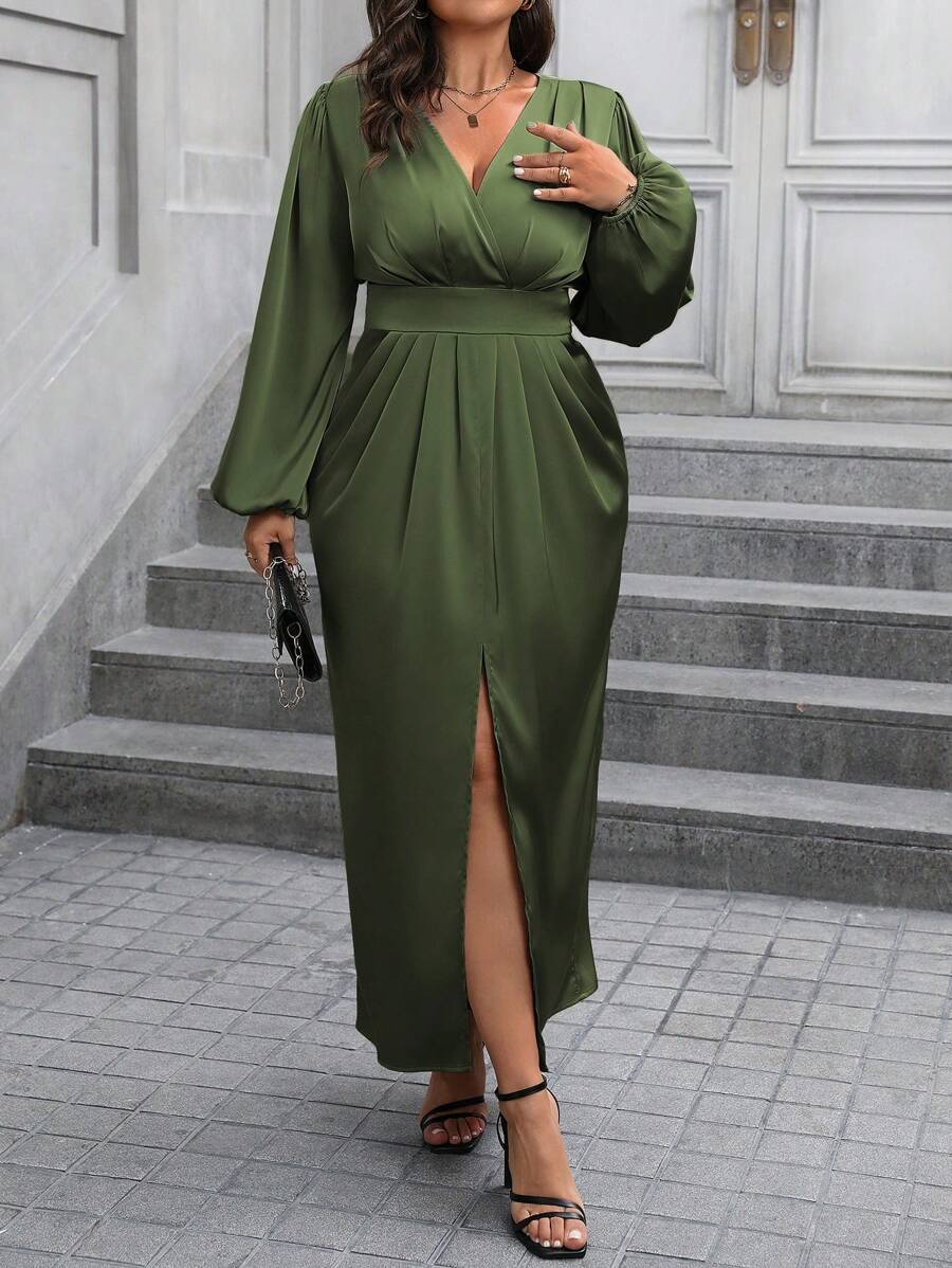 SHEIN Unity Plus Size Women Solid Color V-Neck Lantern Sleeve Slit Hem Elegant Dress, Spring Autumn Women Outfit - Army Green - View 1