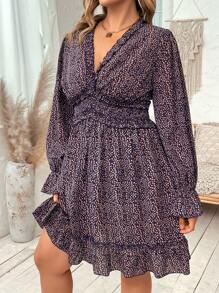 Flirla 大码女式全身印花荷叶边下摆长袖短款优雅连衣裙 - 藏蓝色 - 查看 1