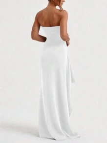 1pc Women's Fashion Sexy Solid Color Strapless Side Slit Hem Dress, Elegant - trắng - Xem 2