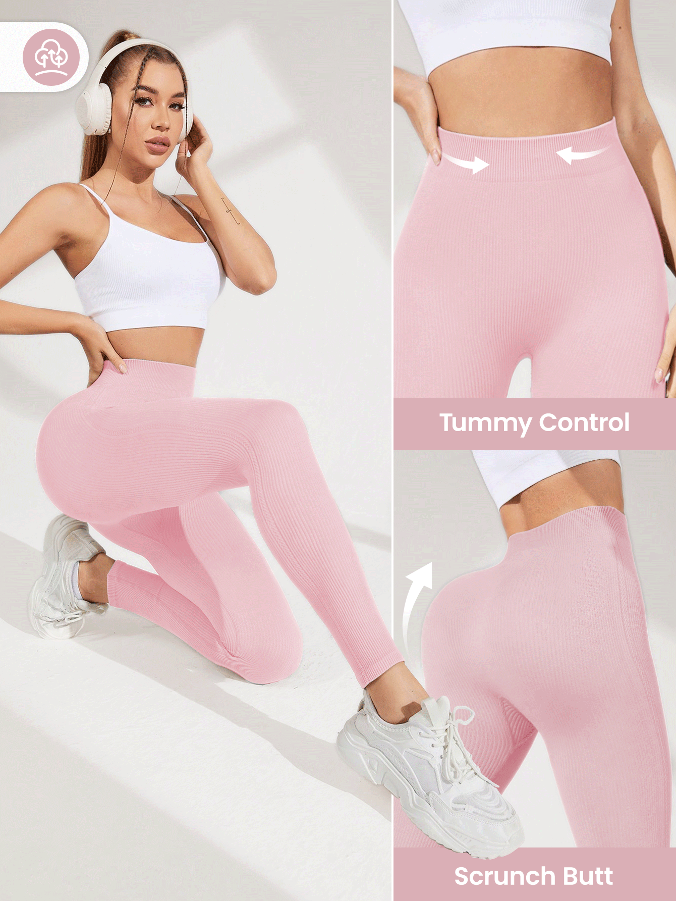 SHEIN Sports 卡其色无缝运动打底裤瑜伽女裤 - 粉色 - 查看 8