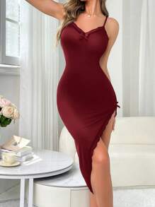 Women's Burgundy Casual Knitted Slip Dress With Spaghetti Strap Midi Length And Lace Trim Detail - Burgundy - View 1