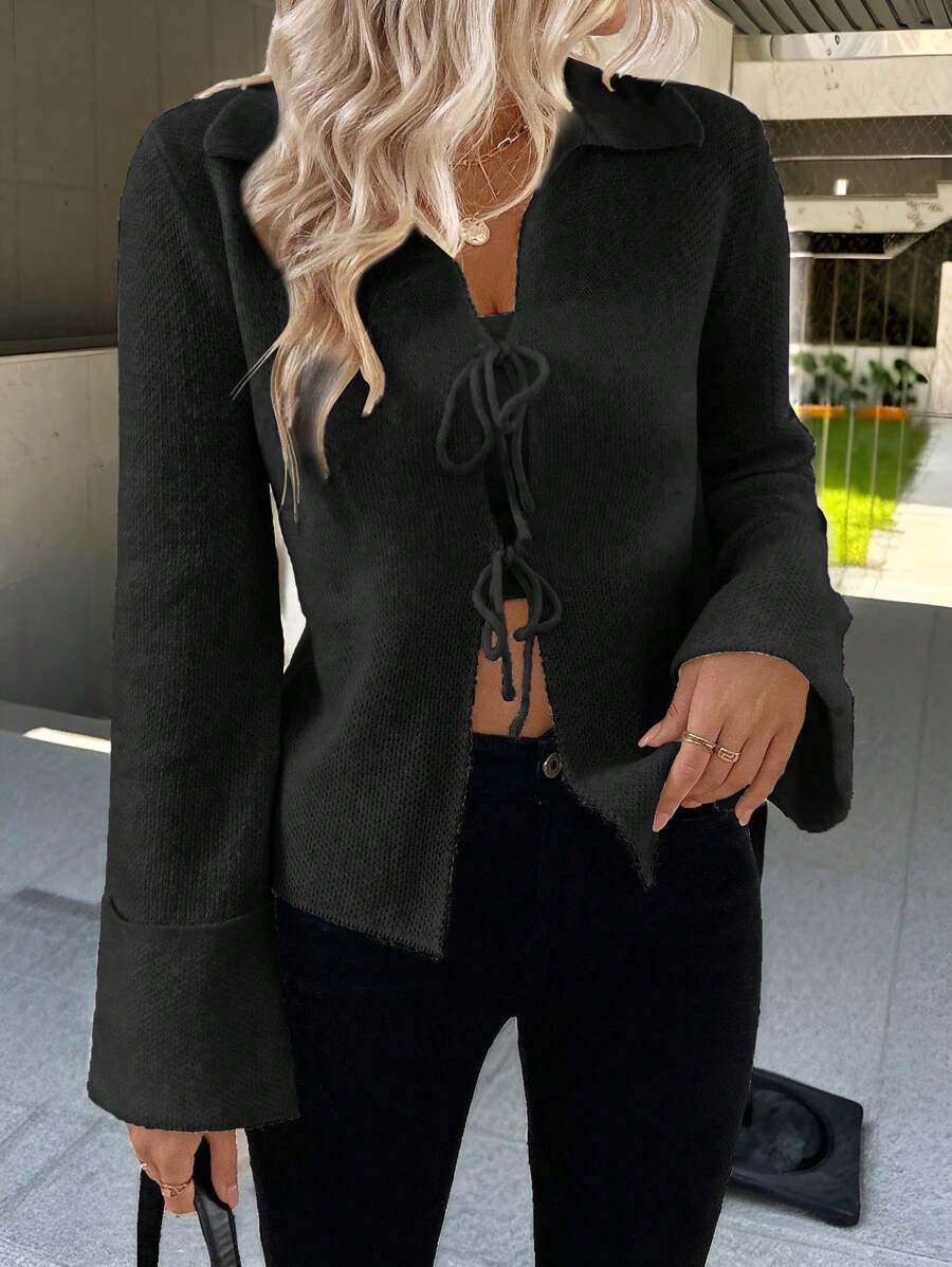 Chiquease Influencer Style Adjustable Front Tie Relaxed Casual  Shawl Collar Cardigan - Black - View 1