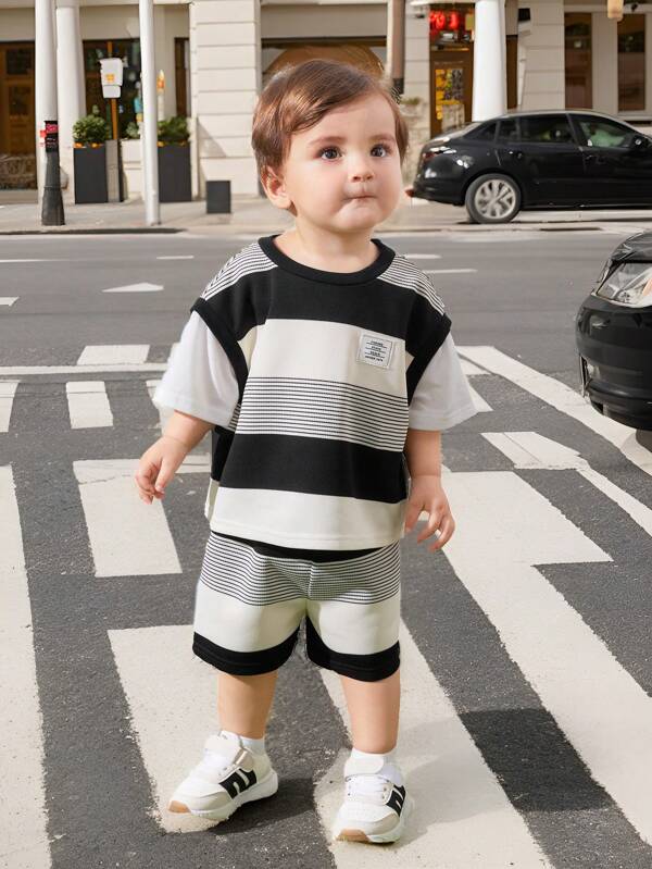 Baby Boy's Summer Casual Striped Round Neck Short Sleeve Top And Elastic Waist Shorts Two-Piece Outfit