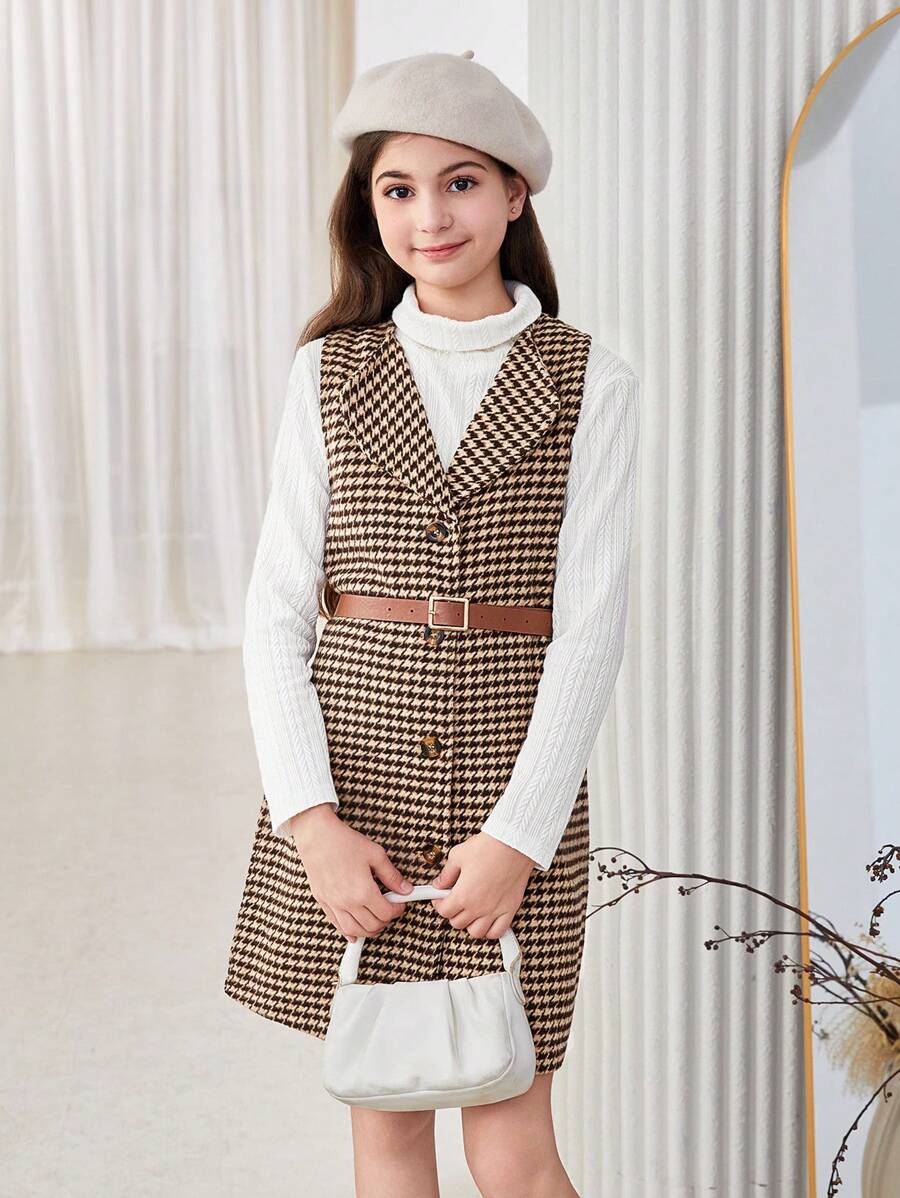 SHEIN 2pcs Tween Girl Autumn Winter Waistcoat Jacket Set With Blouse - Apricot - View 1