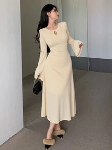 DAZY Women Solid Color Flare Sleeve Short Dress,Ruffle,Fall Clothes Long Sleeve Dress - Purple - View 9