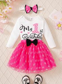 SHEIN Playful Pals 3pcs/Set Baby Girls Party Outfit, Includes Letter Print Long Sleeve Bodysuit, Tulle Skirt And Headband Clothes Set - Hot Pink - View 3