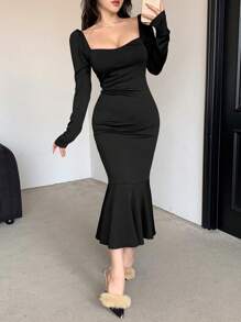 DAZY Solid Color Square Neck Puff Sleeve Mermaid Midi Dress For Women, Birthday Prom Dress,Ruffle,Fall Clothes - Black - View 1