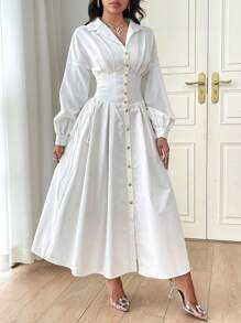 Modelyn Women's Front Button Solid Color Elegant Long Sleeve Dress Long Evening Dresses - White - View 4