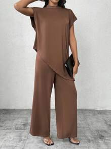 SHEIN Privé 2pcs Set Women Minimalist Elegant White Collared Dolman Sleeve Asymmetric Hem Loose Fit T-Shirt & Wide Leg Pants
