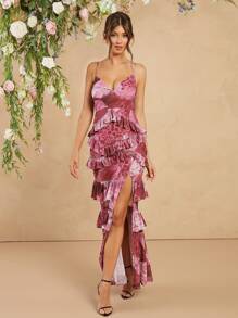 L'Amorae Printed Sleeveless Ruffle Maxi Dress With Side Slit