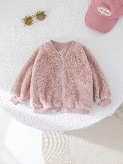 SHEIN Baby Girl Cute & Versatile Fluffy Pink Rainbow Pattern Hooded Jacket, Soft Comfortable For Spring,Autumn/Winter