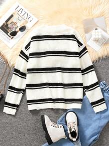 Suéter holgado, cálido y cómodo con cuello en V a rayas para niña preadolescente, estilo casual para principios del invierno - Blanco y Negro - Ver 2