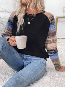 SHEIN LUNE Women's Loose Round Neck Striped Raglan Sleeve Casual Knit Sweater, Autumn/Winter, Knit Pullover Fall - Black - View 4