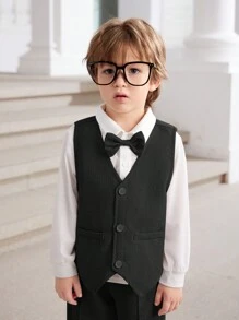 Bộ 3 món thời trang giản dị, thiết thực, thoáng khí, áo sơ mi dài tay, quần vest và vest cho bé trai, thích hợp mặc hàng ngày, đi học, đi chơi, thể thao, mùa xuân và mùa hè - màu đen - Xem 5