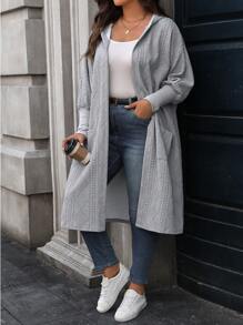 SHEIN LUNE Áo khoác cardigan dài tay trễ vai màu trơn cỡ lớn cho nữ, mùa thu đông, có mũ trùm đầu thường ngày - Màu xám đen - Xem 5