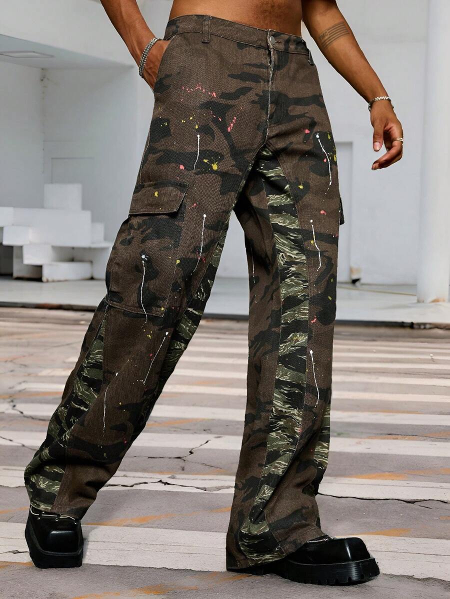 Manfinity EMRG Men's Fashion Camouflage Patchwork Cargo Jeans - Multicolor - View 1