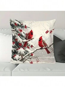 1pc Contemporary Style Cardinal & Winter Berries Pillow Cover, Short Plush Polyester Decorative Throw Pillowcase With Zipper, Christmas & Holiday Cushion Cover For Home Decor - Red - View 6
