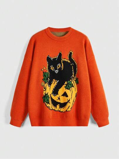 Cute Casual Halloween Black Cat & Pumpkin Jacquard Loose Pullover Sweater