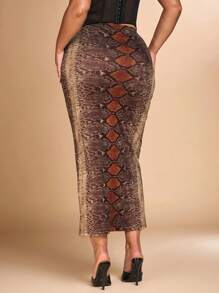 SHEIN BAE Plus Size Herfst Elegante Sexy Vrouwen Dierenprint Slangenprint Mesh Print Slim Fit Bruine Rok