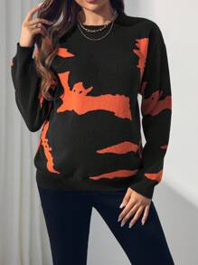 SHEIN Maternity Round Neck Casual Pattern Long Sleeve Sweater, Autumn Winter
