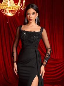 Glamrae Elegant Luxurious Black Off-Shoulder Sheer Long Sleeve Lace Embroidered Ruched Slit Mermaid Flowy Evening Gown For Wedding, Party, Holiday, Banquet (Heavily Embellished), Formal Prom Dress, For Wedding Guest, Graduation, Dinner