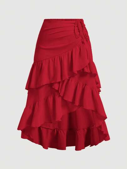 SHEIN MOD Falda de fiesta para mujer talla grande con unicolor, pliegues cruzados, cordón ajustable y volantes en capas