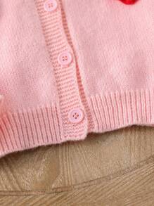 SHEIN Cute Young Girl Strawberry Pattern Raglan Sleeve Cardigan Sweater - Pink - View 4