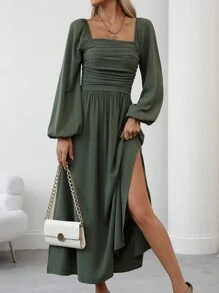 SHEIN Clasi Women's Autumn Simple Casual Square Neck Pleated Lantern Sleeve Dress Maxi Women Outfit - Green - View 1