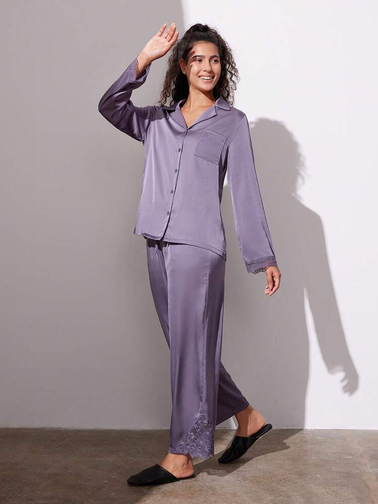 LUVLETTE طقم بيجامات طويل مزين بالدانتيل والساتان للنساء مجموعات ملابس منزلية للنساء ملابس نوم خريفية - الأرجواني - مشاهدة 4