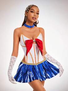 SHEIN SXY Đầm mini dây mảnh trang trí nơ màu tương phản dành cho nữ kèm phụ kiện xích body - Nhiều màu - Xem 6