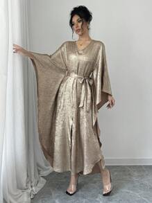 SHEIN Clasi Vestido largo de satén con cuello en V y detalles de brillo dorado elegante para mujer - Dorado - Ver 1