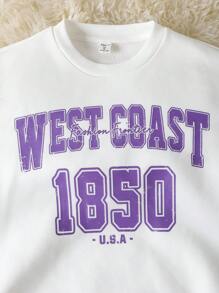 SHEIN Leap Crew Teen Girls Purple Tracksuit, Back To School, Casual Sports White And Purple Knitted Slogan Print Sweatshirt And Sweatpants Two-Piece Set - Purple - View 9