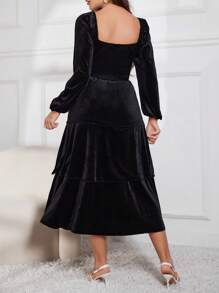 Modelyn 女士复古方领长袖水钻天鹅绒 A 字裙，初秋长款晚礼服 - 黑色 - 查看 2