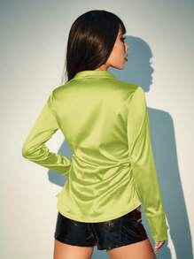 SHEIN ICON Black Solid Button Front Satin Shirt - Olive Green - View 2