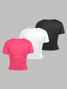 SHEIN Unity Bộ 3 Áo Thun Ngắn Cổ Tròn Xếp Ly Màu Trơn - Nhiều màu - Xem 2