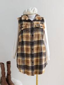 SHEIN EZwear Chaqueta con botones de forro polar a cuadros para mujer talla grande, ropa de otoño e invierno